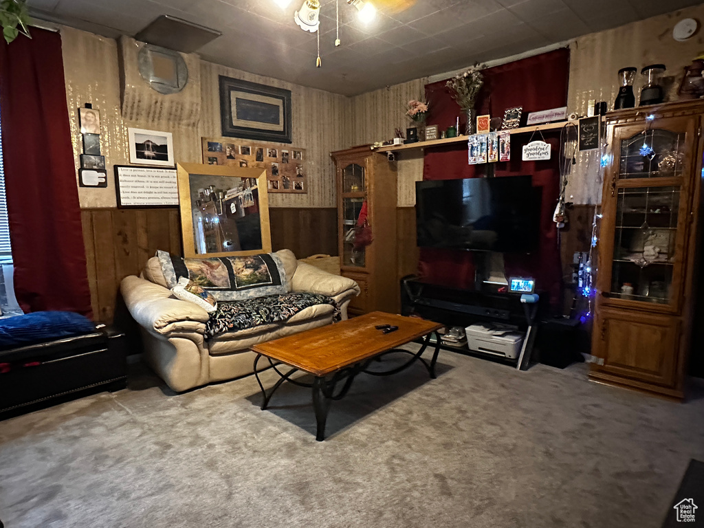 Living area with carpet, wooden walls, and a wainscoted wall