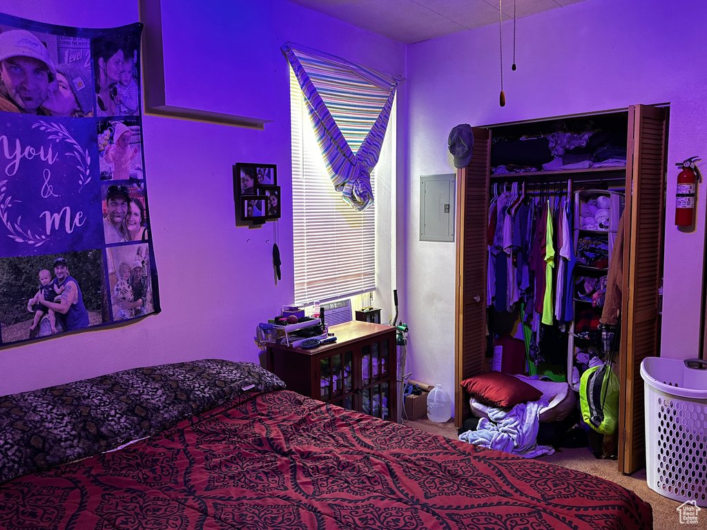Carpeted bedroom with electric panel and a closet
