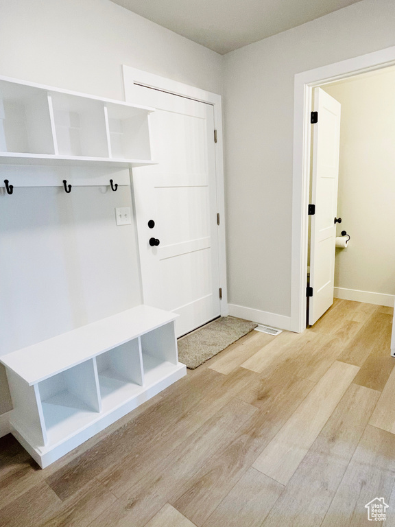 Mudroom featuring light wood finished floors and baseboards