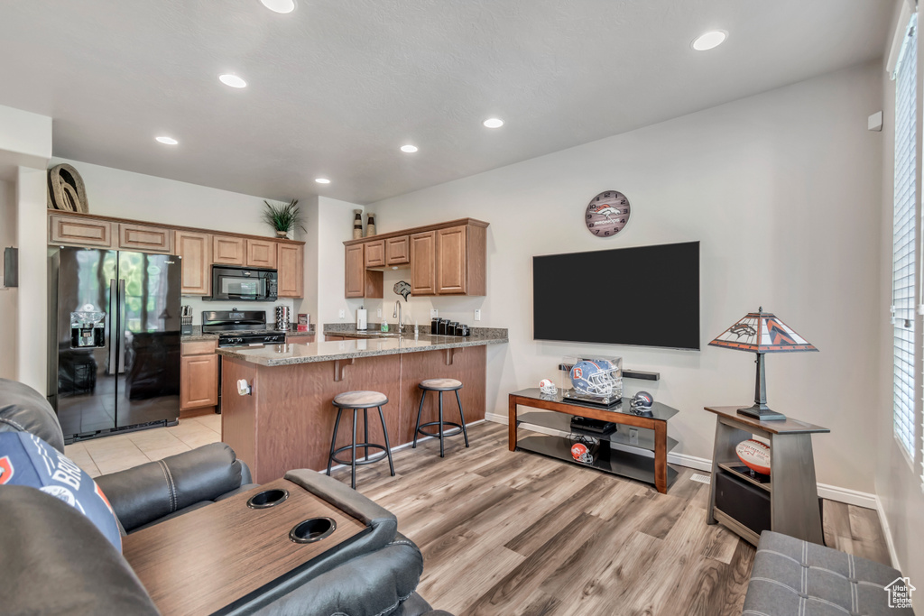 Living area featuring recessed lighting and light wood-style floors