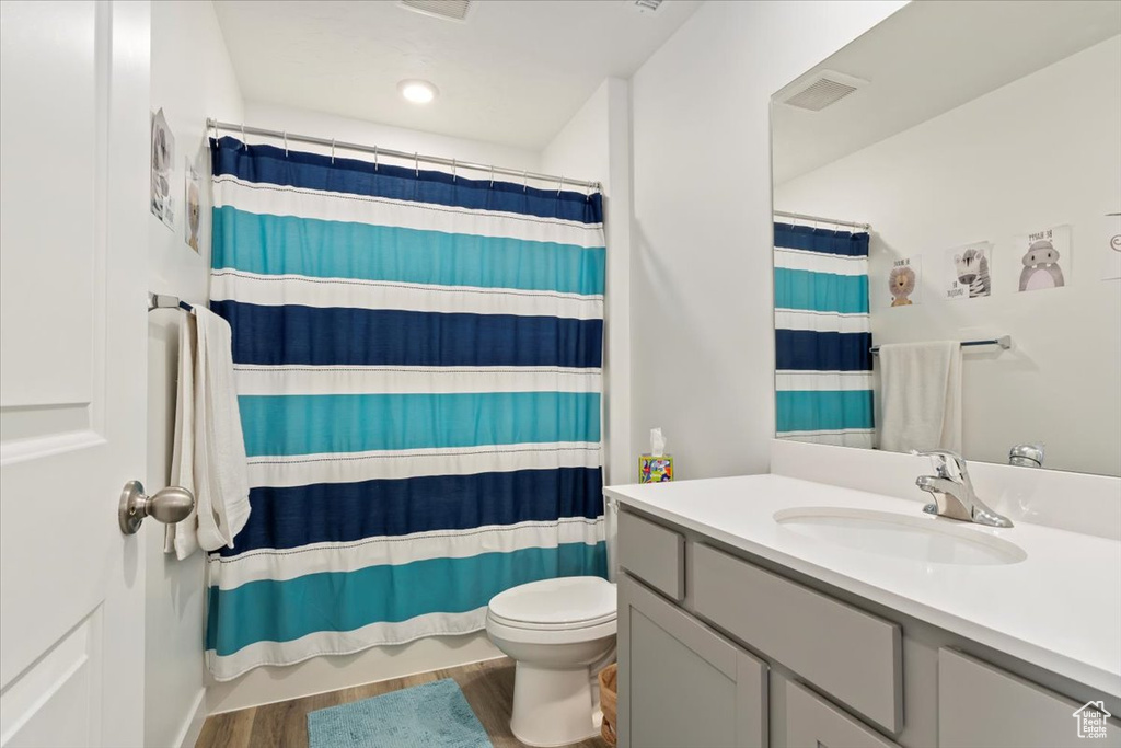 Full bathroom featuring vanity, wood finished floors, and a shower with curtain