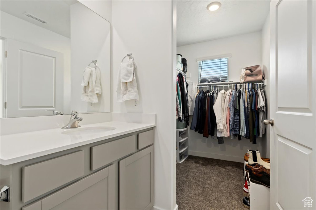 Bathroom featuring vanity and a walk in closet
