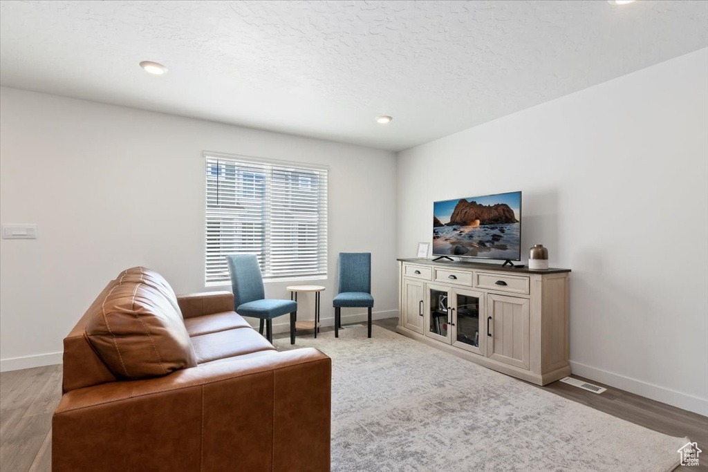 Living area with light wood finished floors, recessed lighting, and a textured ceiling