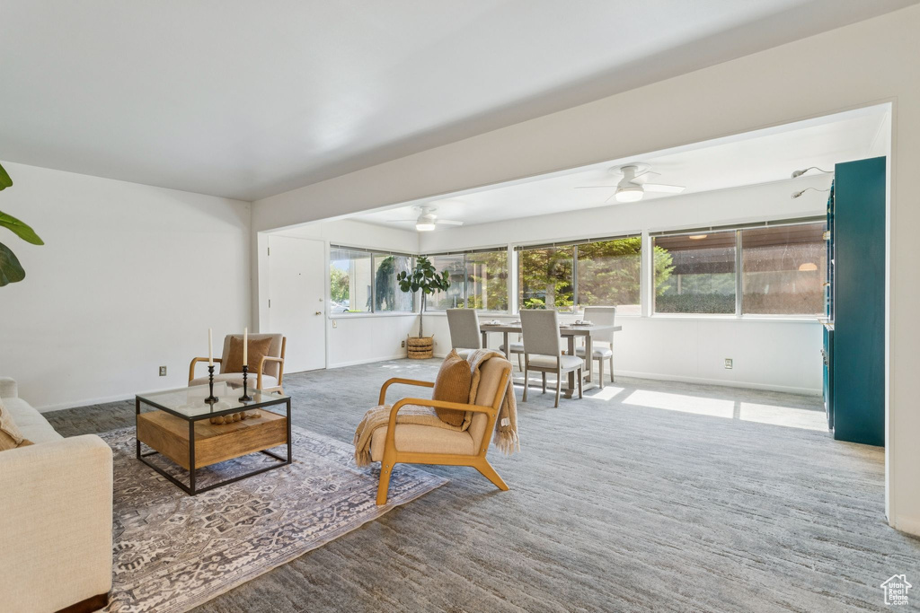 Living area featuring carpet flooring and a ceiling fan