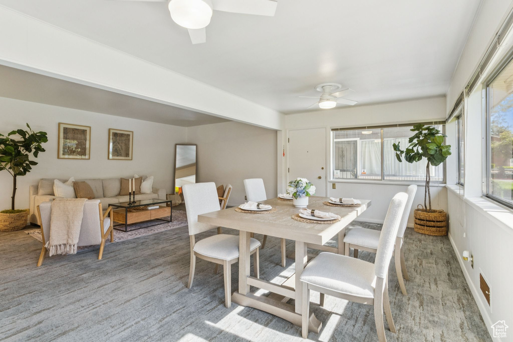 Dining area with a ceiling fan