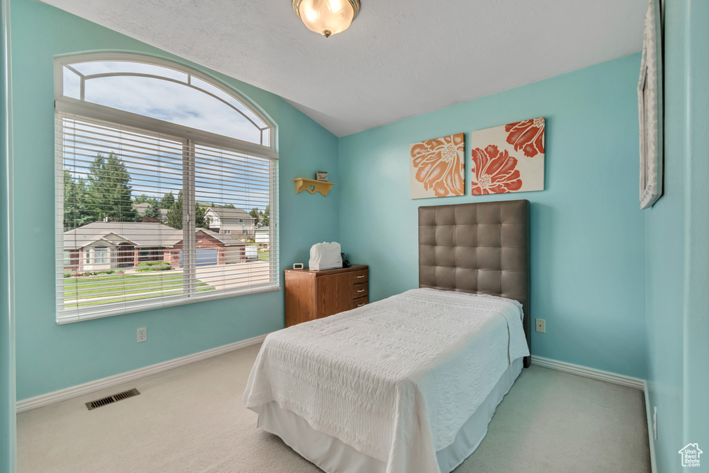 Carpeted bedroom featuring baseboards and lofted ceiling