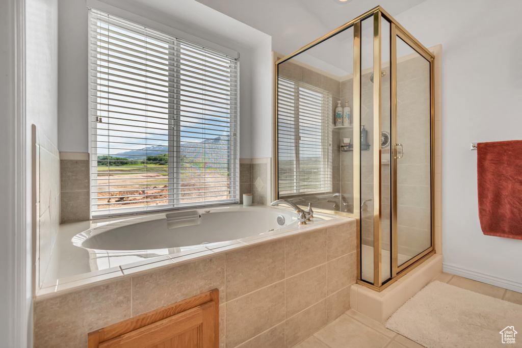 Full bathroom with plenty of natural light, a shower stall, a bath, and tile patterned floors
