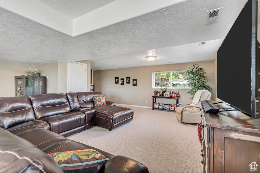 Carpeted living area featuring a textured ceiling and baseboards