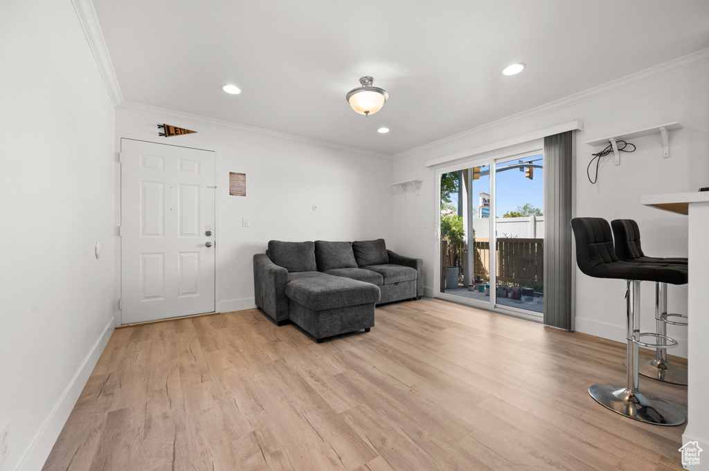 Living area with crown molding, light wood-style floors, and recessed lighting