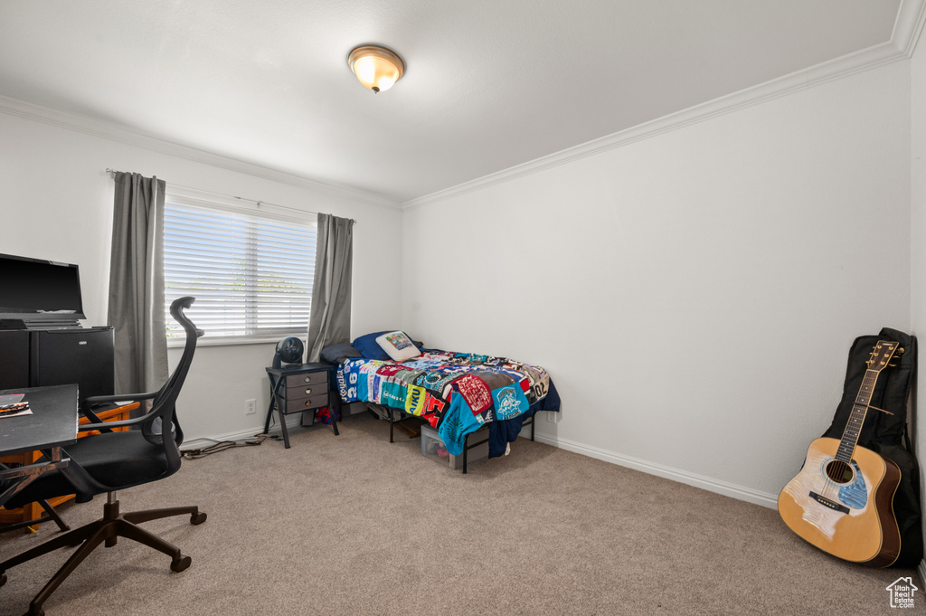 Bedroom with ornamental molding, carpet, and an office area
