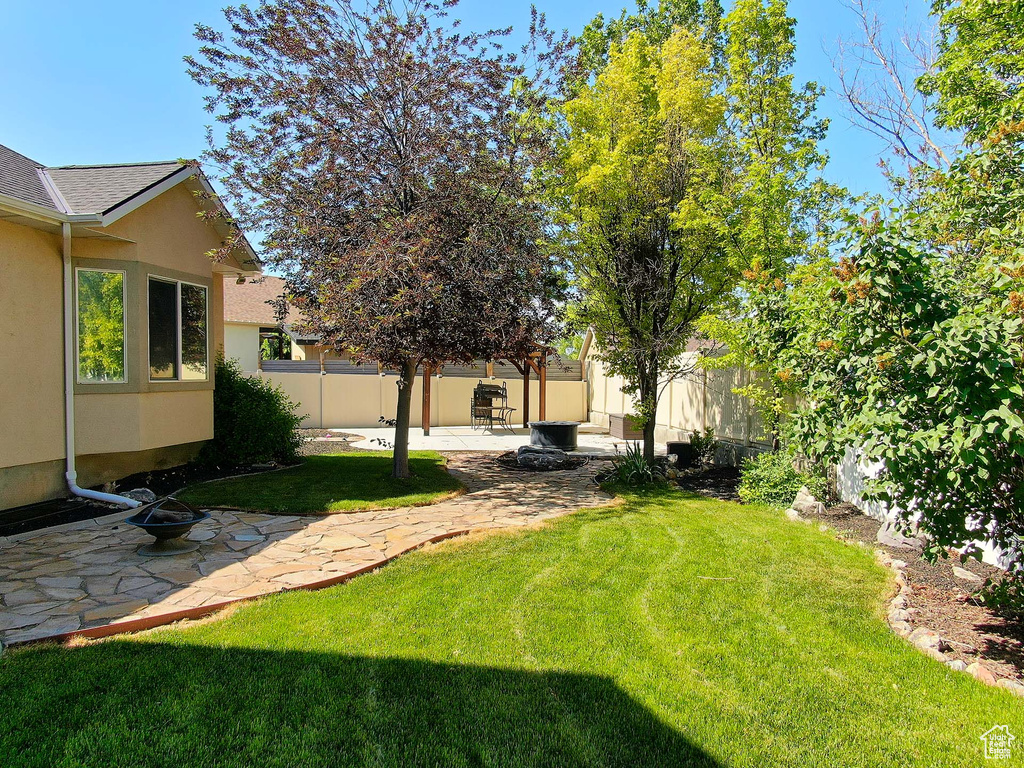 Fenced backyard featuring a patio