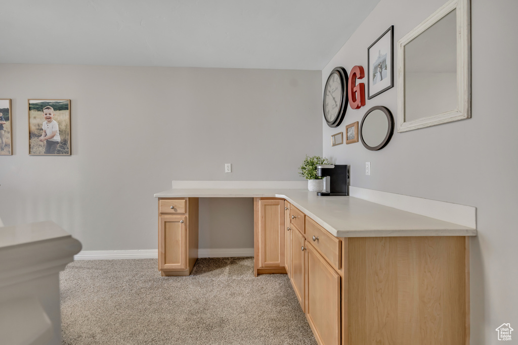 Unfurnished office featuring light carpet and built in study area