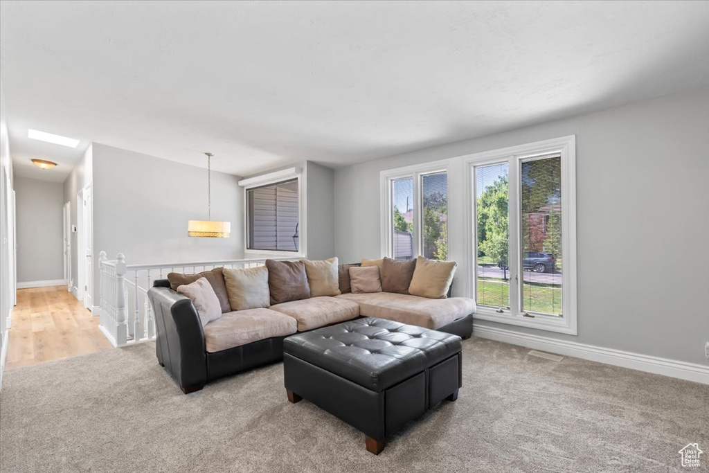 Living area featuring carpet flooring and baseboards