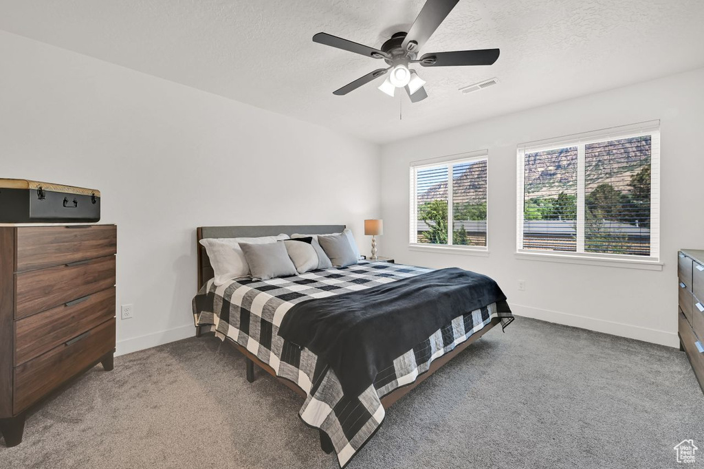 Carpeted bedroom with a textured ceiling and a ceiling fan