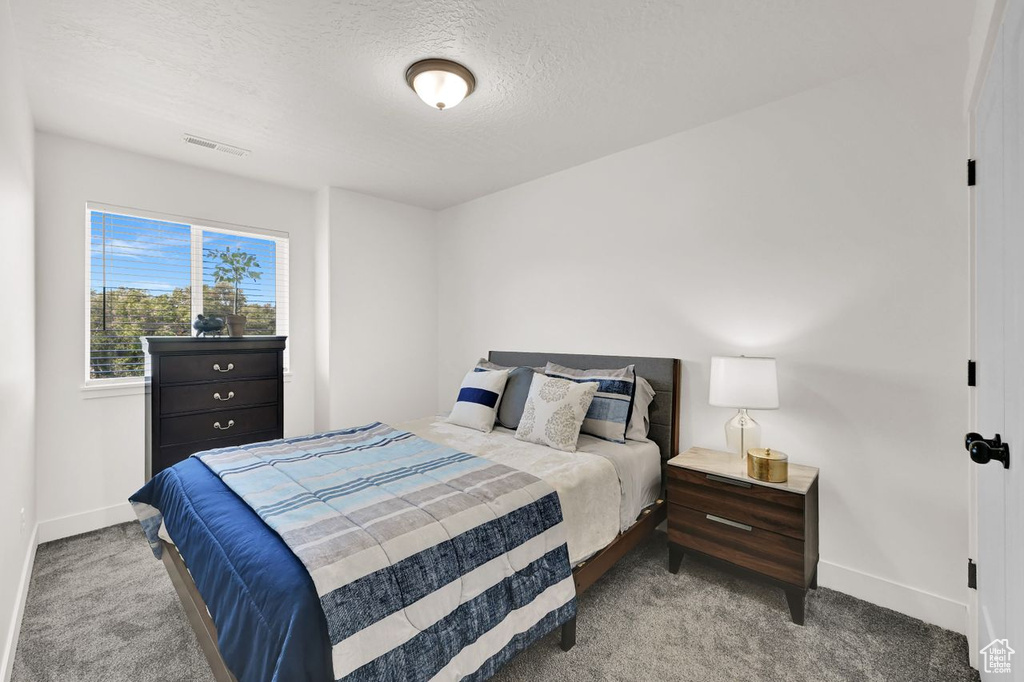 Bedroom with carpet flooring and a textured ceiling