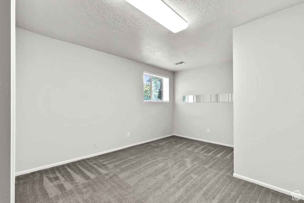 Carpeted empty room with a textured ceiling and baseboards