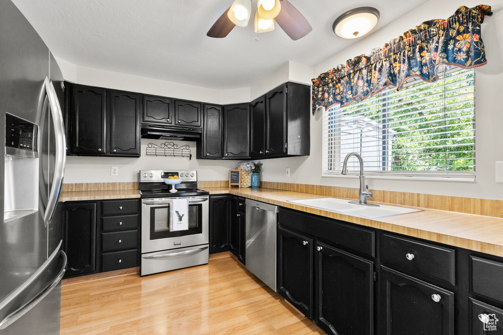 Kitchen featuring stainless steel appliances, dark cabinetry, and ceiling fan
