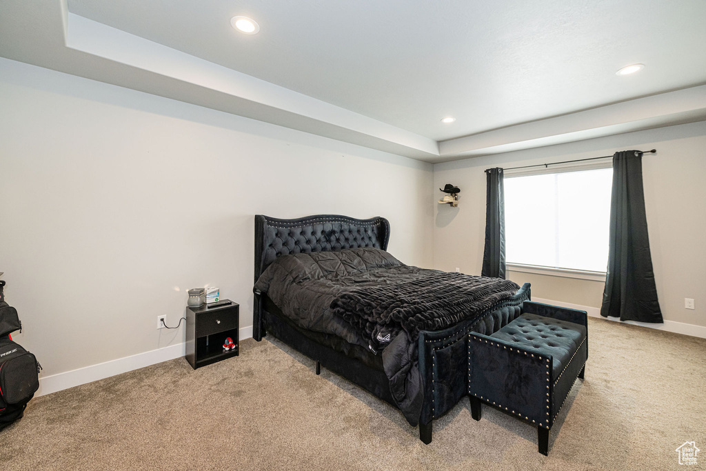 Carpeted bedroom with a tray ceiling and recessed lighting