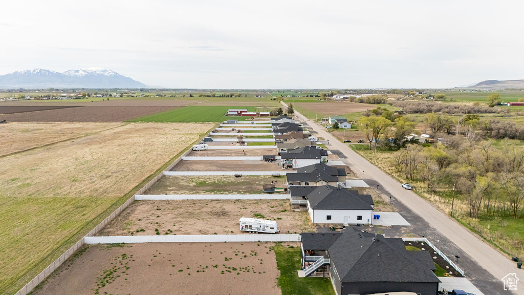Overview of rural landscape featuring a mountain backdrop