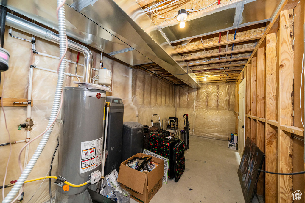 Unfinished below grade area featuring gas water heater and a water softener system
