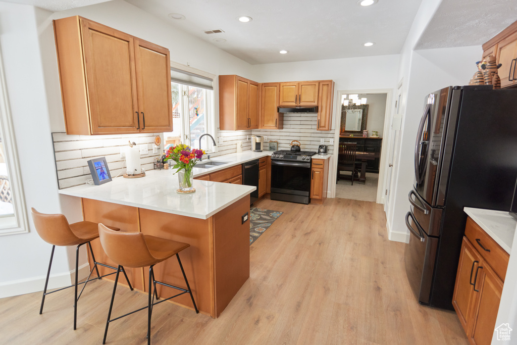 Kitchen featuring stainless steel appliances, a peninsula, decorative backsplash, light wood-style floors, and a breakfast bar