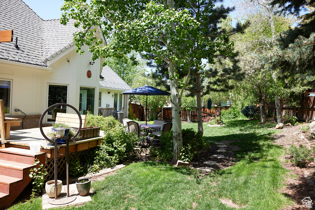 Fenced backyard featuring a wooden deck
