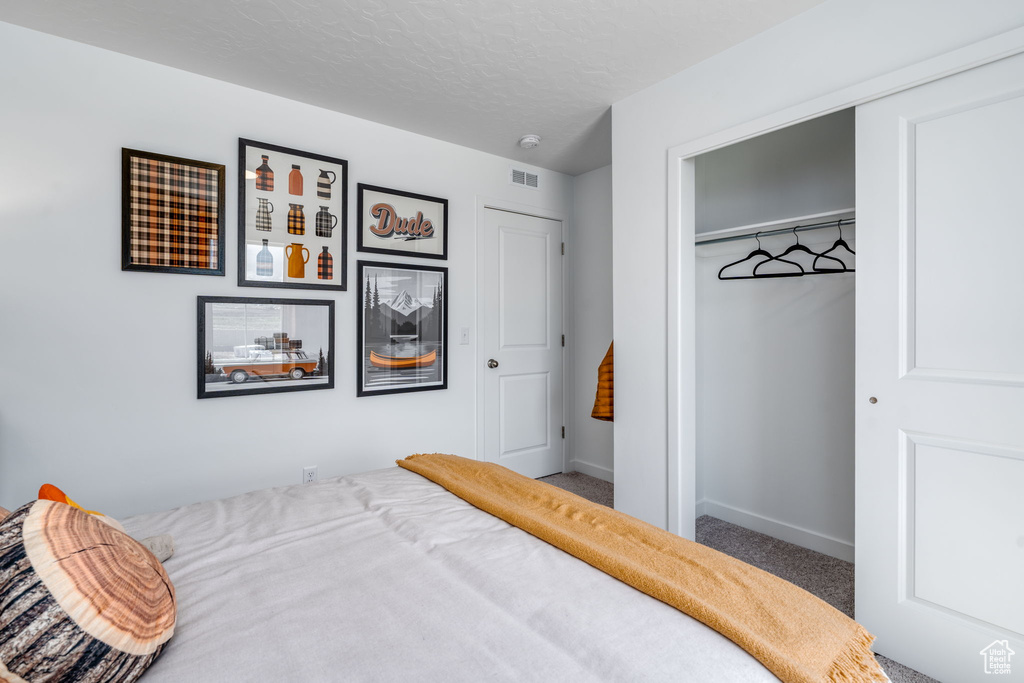 Bedroom featuring carpet, a closet, and a textured ceiling