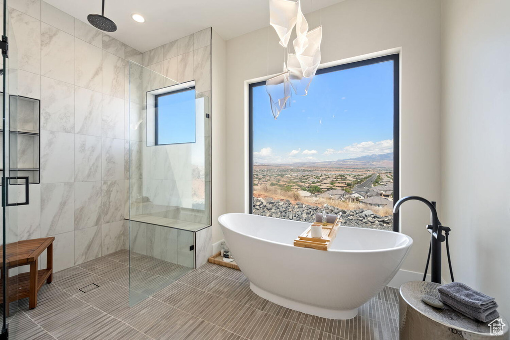 Full bath with tiled shower, a freestanding bath, and tile patterned flooring