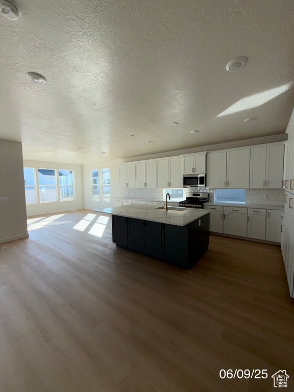 Kitchen with appliances with stainless steel finishes, a sink, wood finished floors, white cabinetry, and a center island with sink