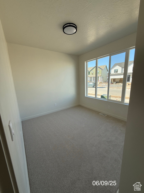 Spare room with carpet flooring, baseboards, and a textured ceiling