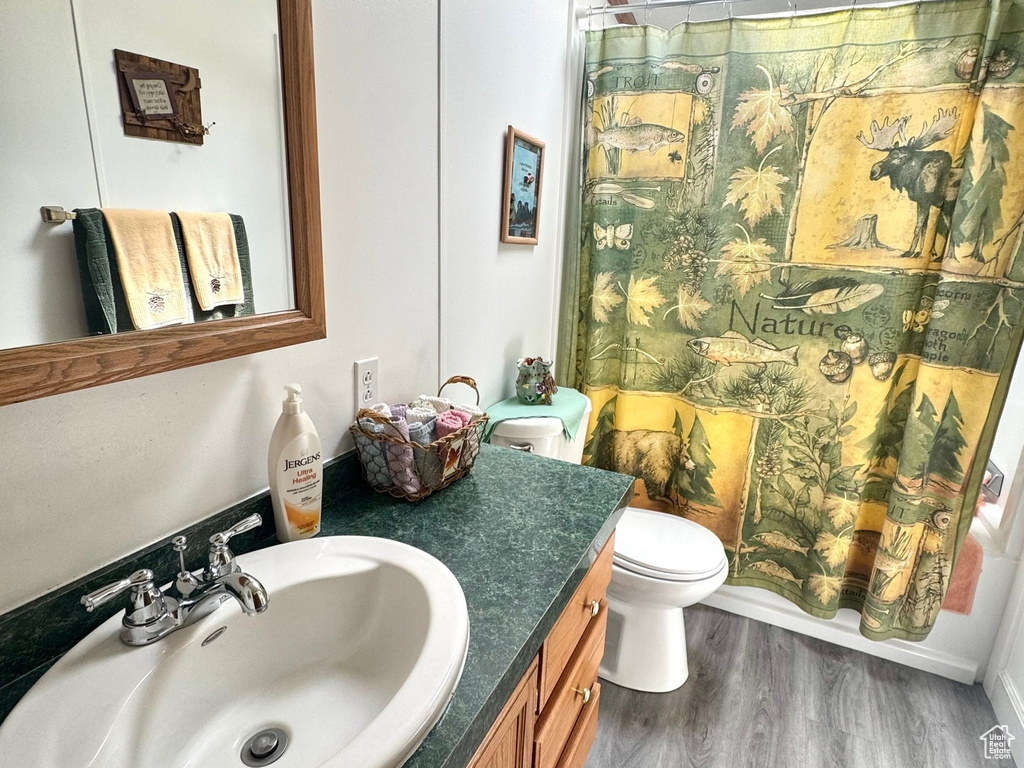 Full bathroom featuring a skylight, shower / bath combo with shower curtain, vanity, wood finished floors, and crown molding