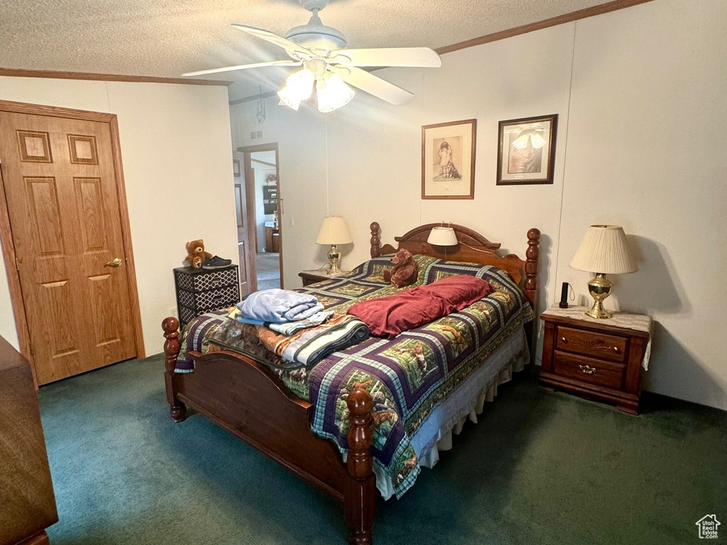 Bedroom featuring dark colored carpet, crown molding, a textured ceiling, and a ceiling fan