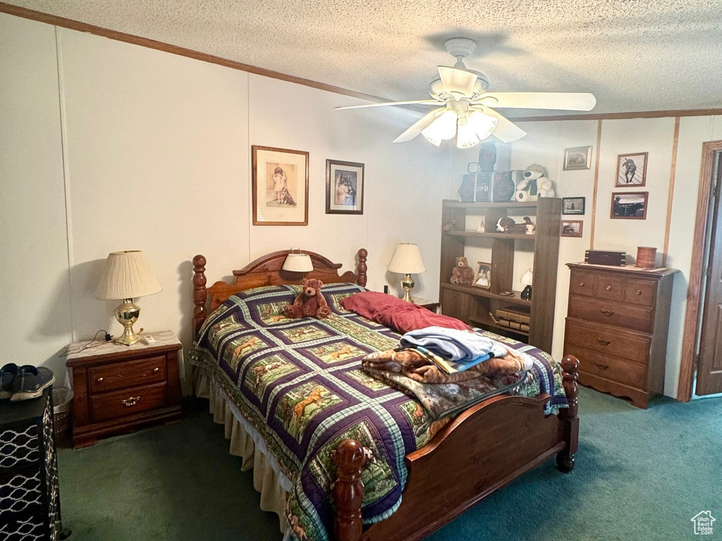 Carpeted bedroom with crown molding, a textured ceiling, and a ceiling fan