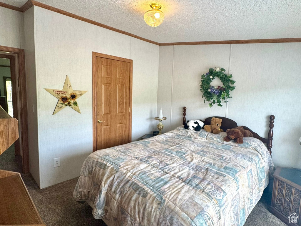 Bedroom with carpet floors, ornamental molding, and a textured ceiling