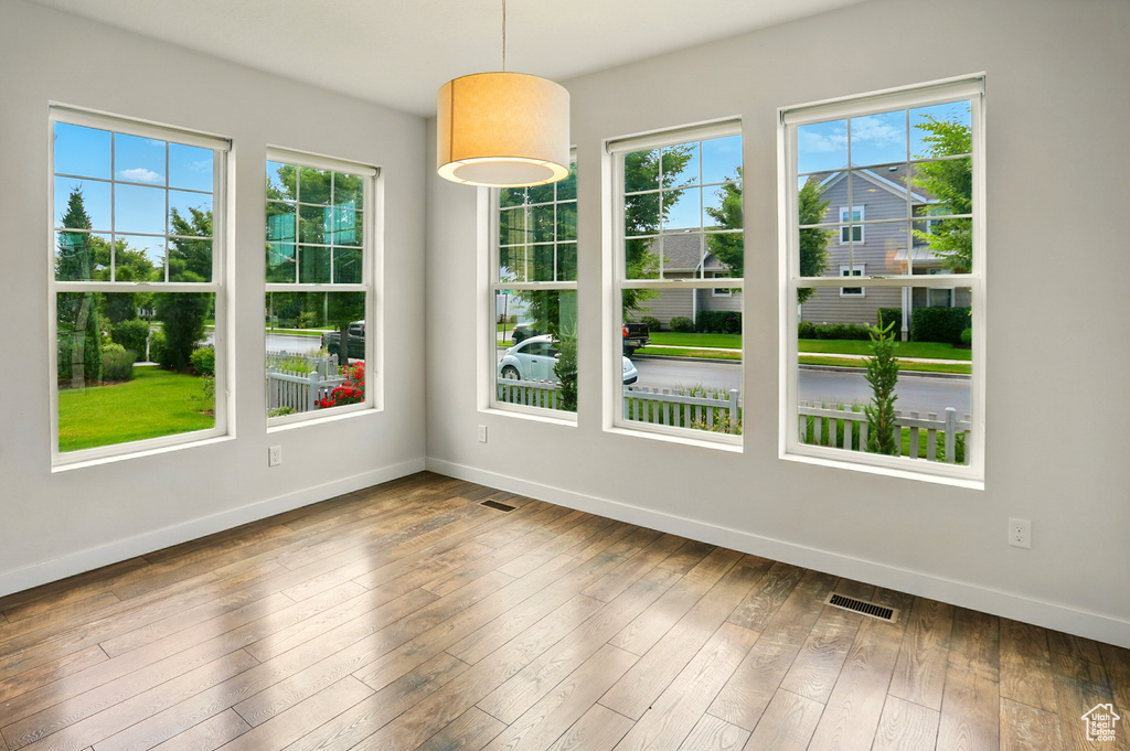 Unfurnished dining area with plenty of natural light and wood-type flooring