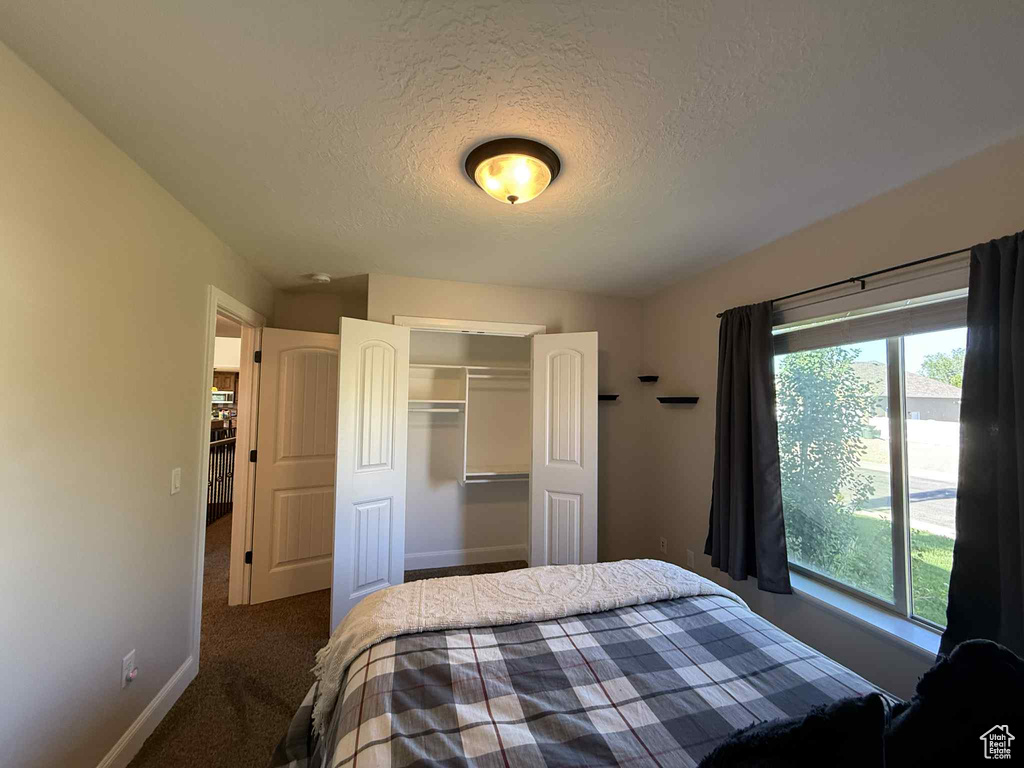 Bedroom with a textured ceiling, a closet, and carpet flooring