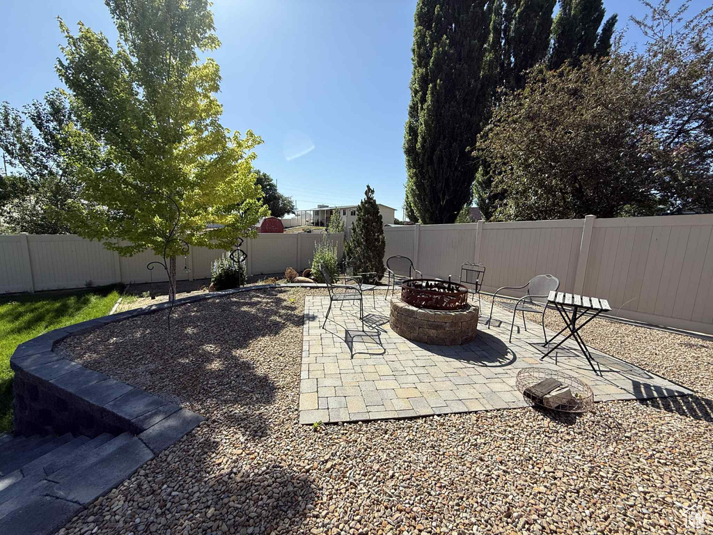 Fenced backyard with an outdoor fire pit and a patio area