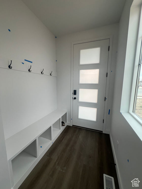 Mudroom with dark wood-style floors and baseboards