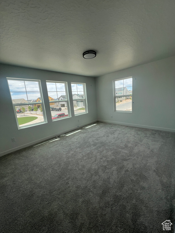 Carpeted spare room with a textured ceiling and baseboards