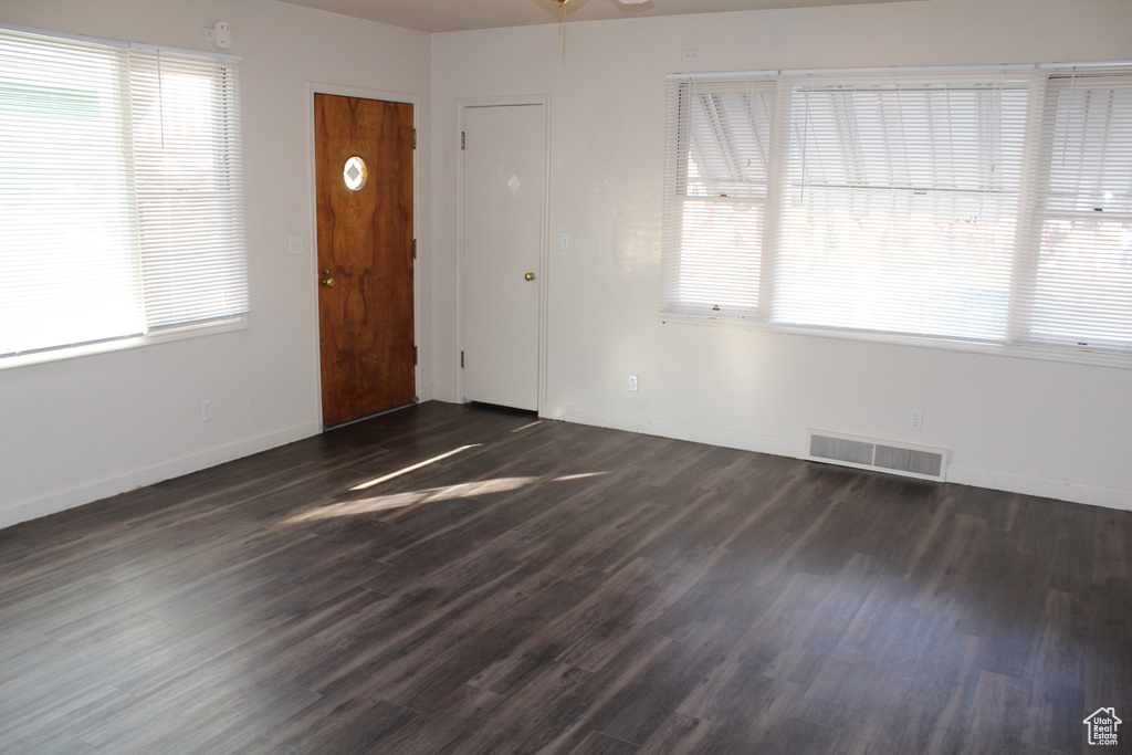 Foyer featuring healthy amount of natural light, dark wood-style flooring, and ceiling fan