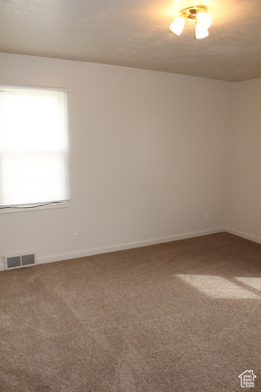 Empty room featuring carpet flooring and a textured ceiling