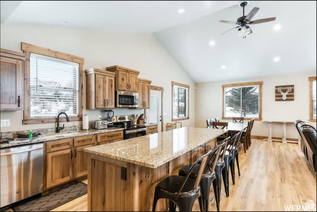 Kitchen with a kitchen breakfast bar, a kitchen island, lofted ceiling, stainless steel appliances, and a sink