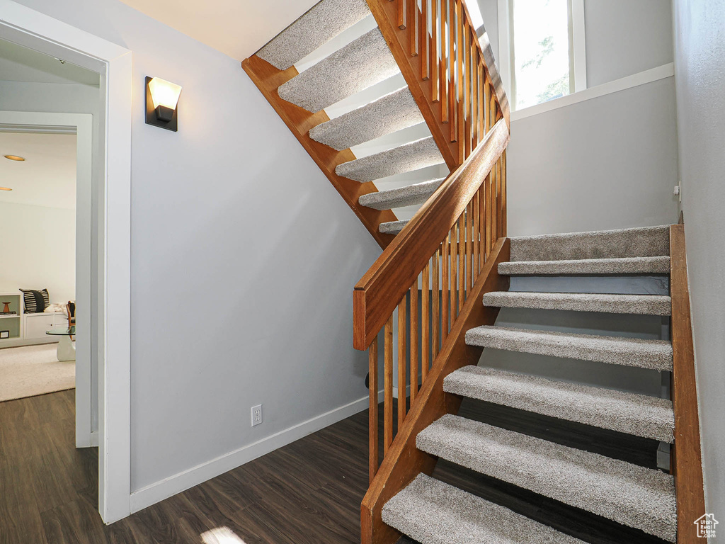 Stairway featuring wood finished floors