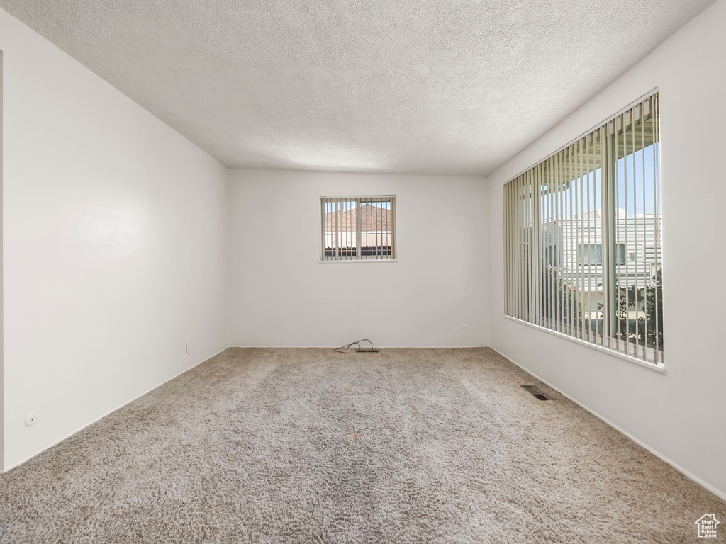 Carpeted spare room featuring a textured ceiling