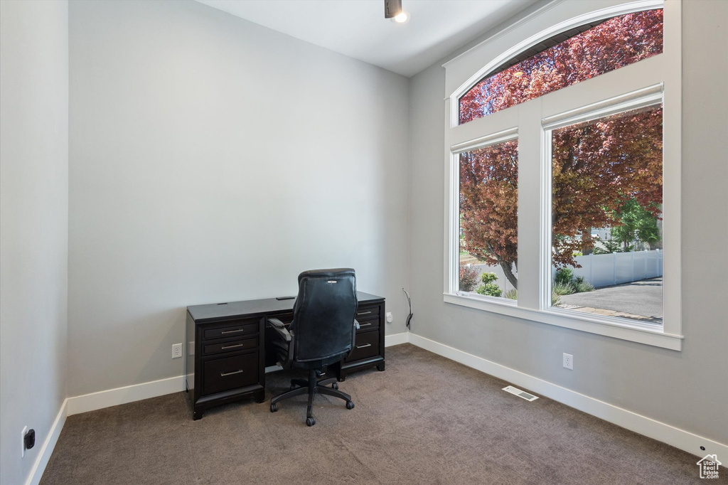 Office space with carpet flooring and baseboards
