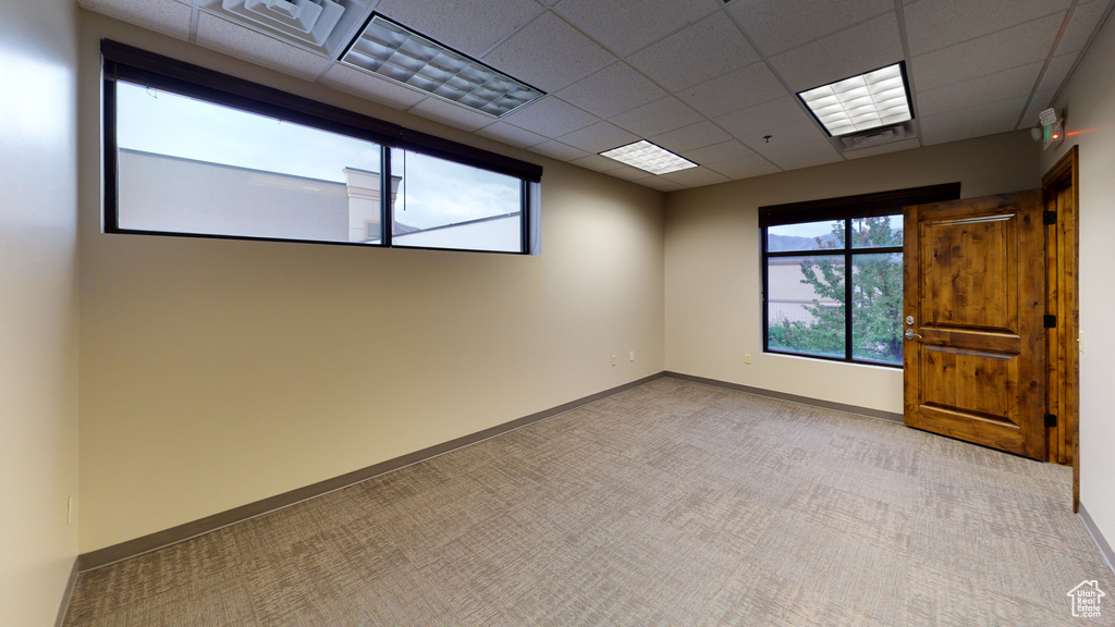 Spare room with carpet flooring and a paneled ceiling