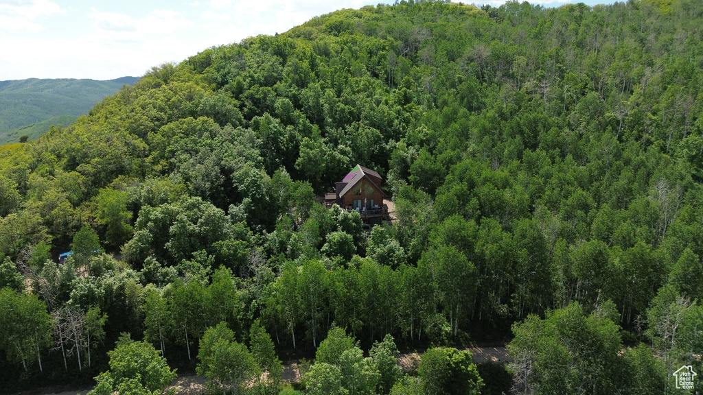 View of subject property featuring a heavily wooded area and mountains
