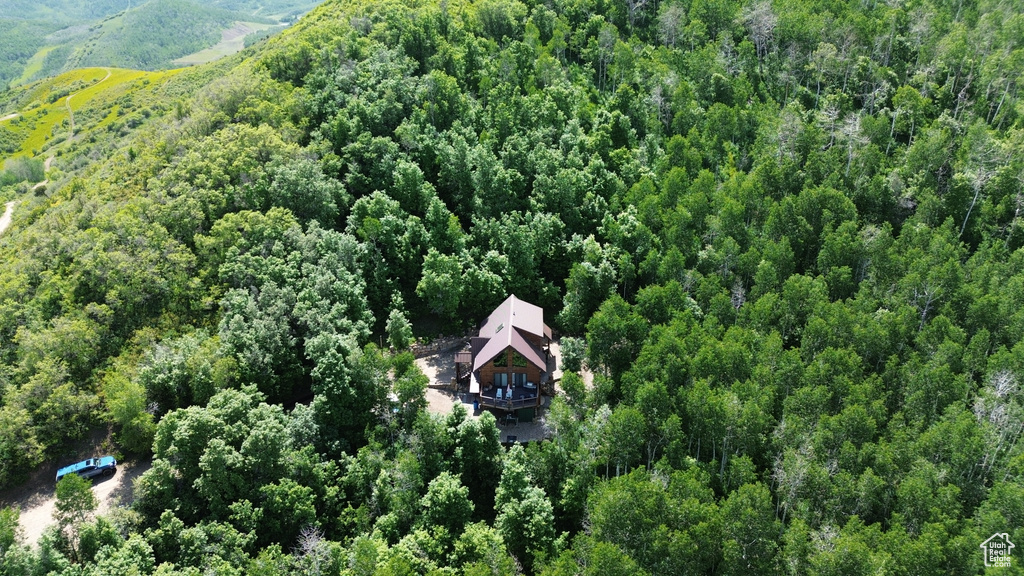 View from above of property featuring a forest