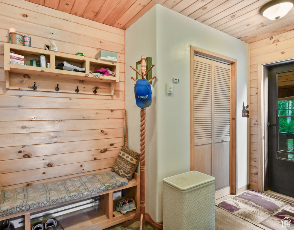 Mudroom featuring wood ceiling and wood finished floors