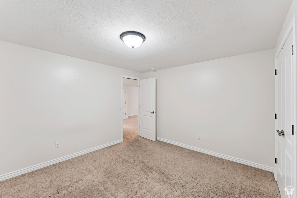 Unfurnished room featuring light colored carpet and a textured ceiling